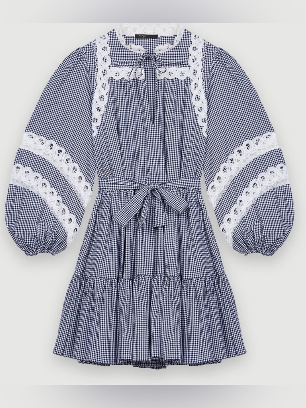 Maje Navy Gingham and Lace-Trim Dress with Tie Waist